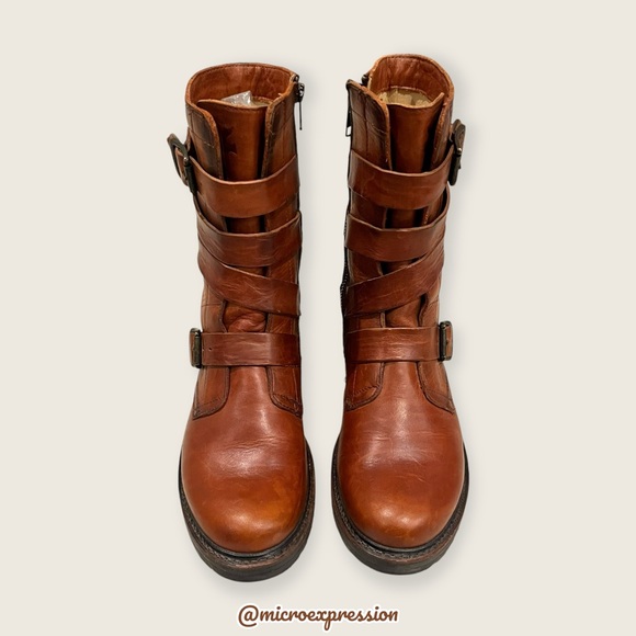 $389 Veronica Tanker Cognac Brown Real Leather Strappy Belted Moto Combat Boots - Picture 6 of 14
